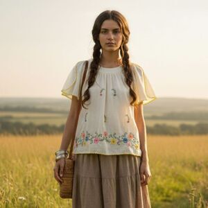 Vintage Handmade Top Embroidered Floral Short Sleeve Stitched Trim Women M Cream